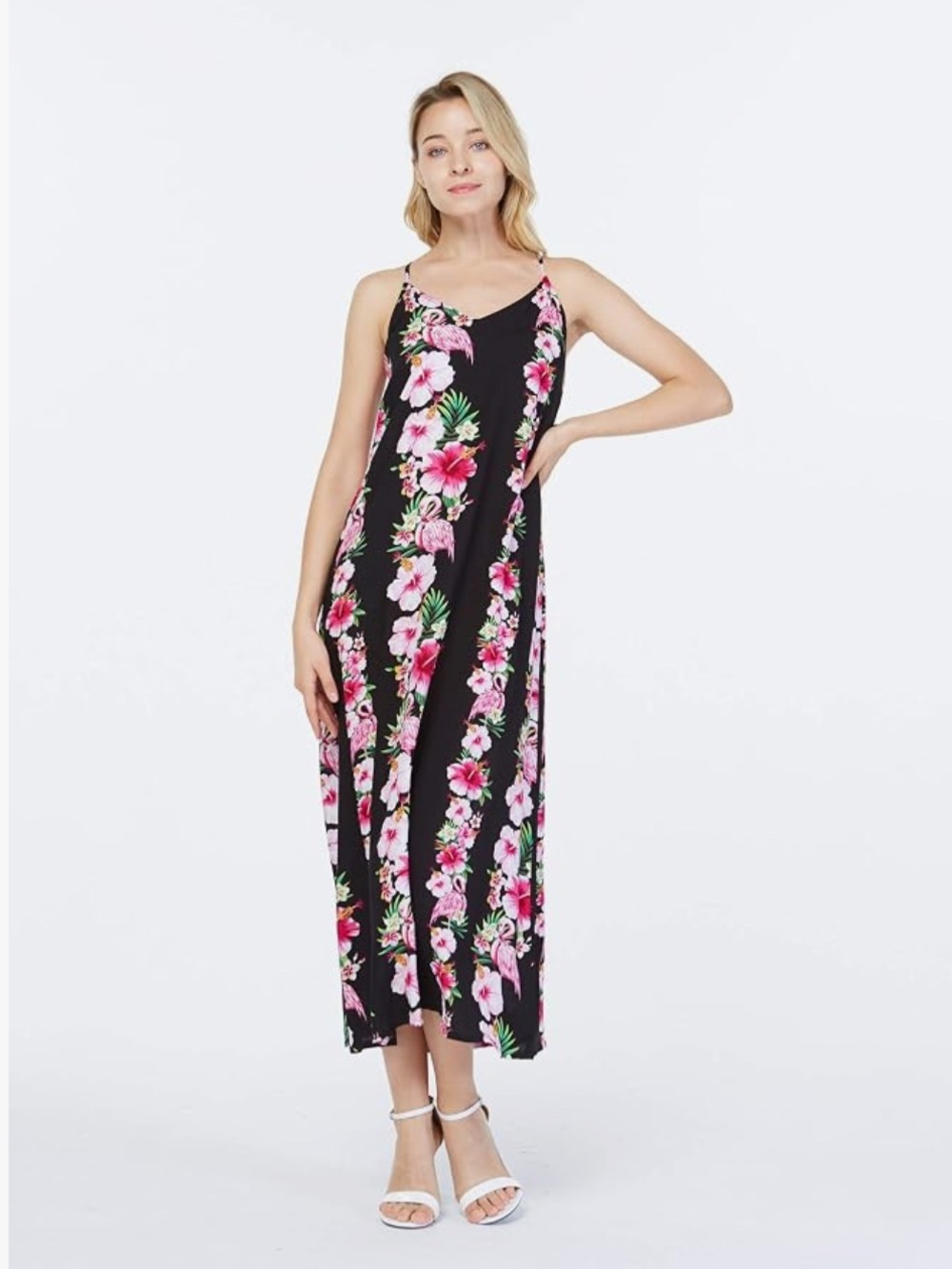 Black Floral Maxi Dress with Pink Hibiscus Stripes